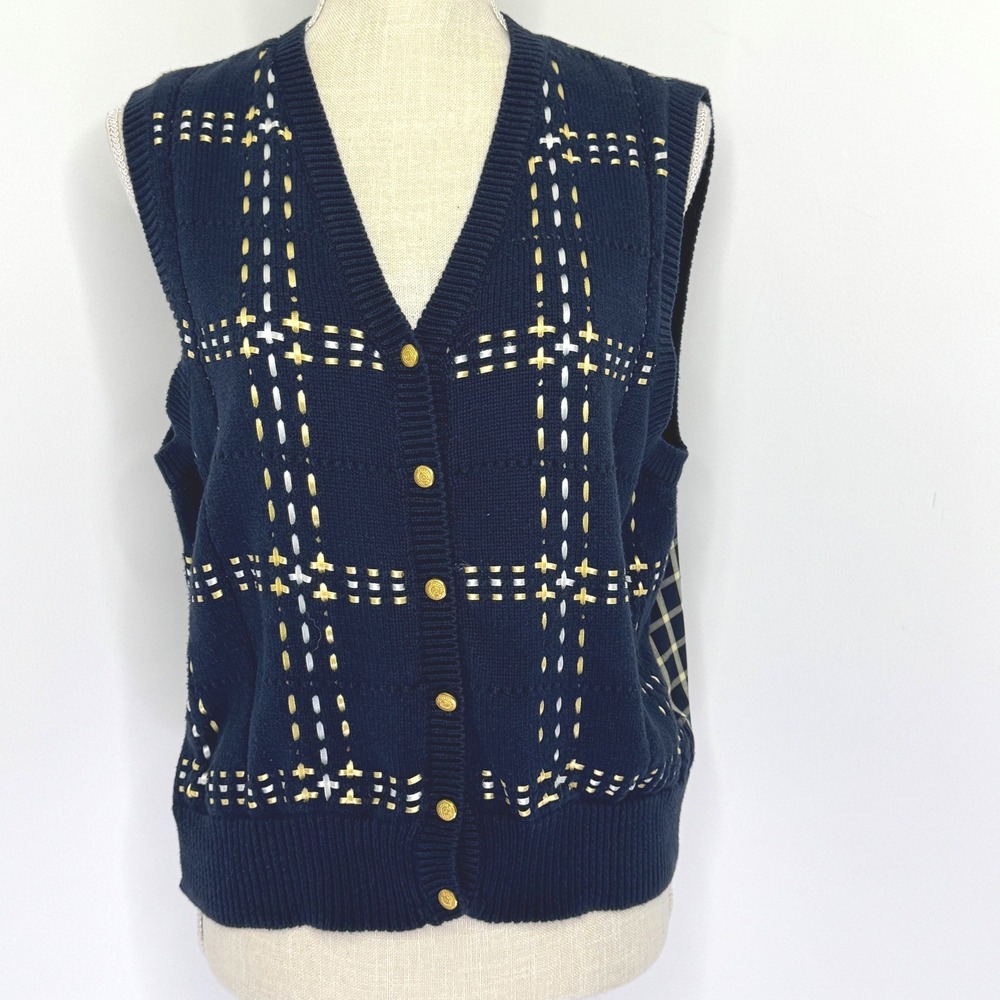 Vintage‎ Liz Sport cotton sweater vest ribbon weave plaid back Size M